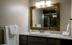 Bathroom with vanity and rustic wood mirror