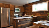 Rustic wood planked wall in kitchen